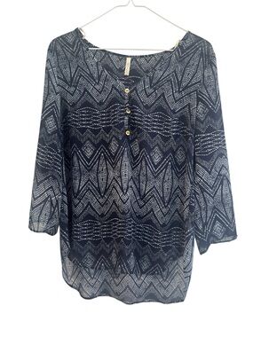 DNA Couture Blue Geometric Adjustable Sleeve Blouse Gold Buttons Size Small
